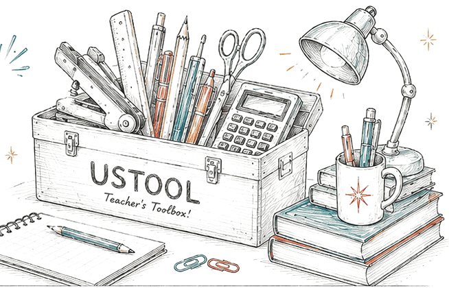 文房具がたくさん入ったUSTOOLの道具箱